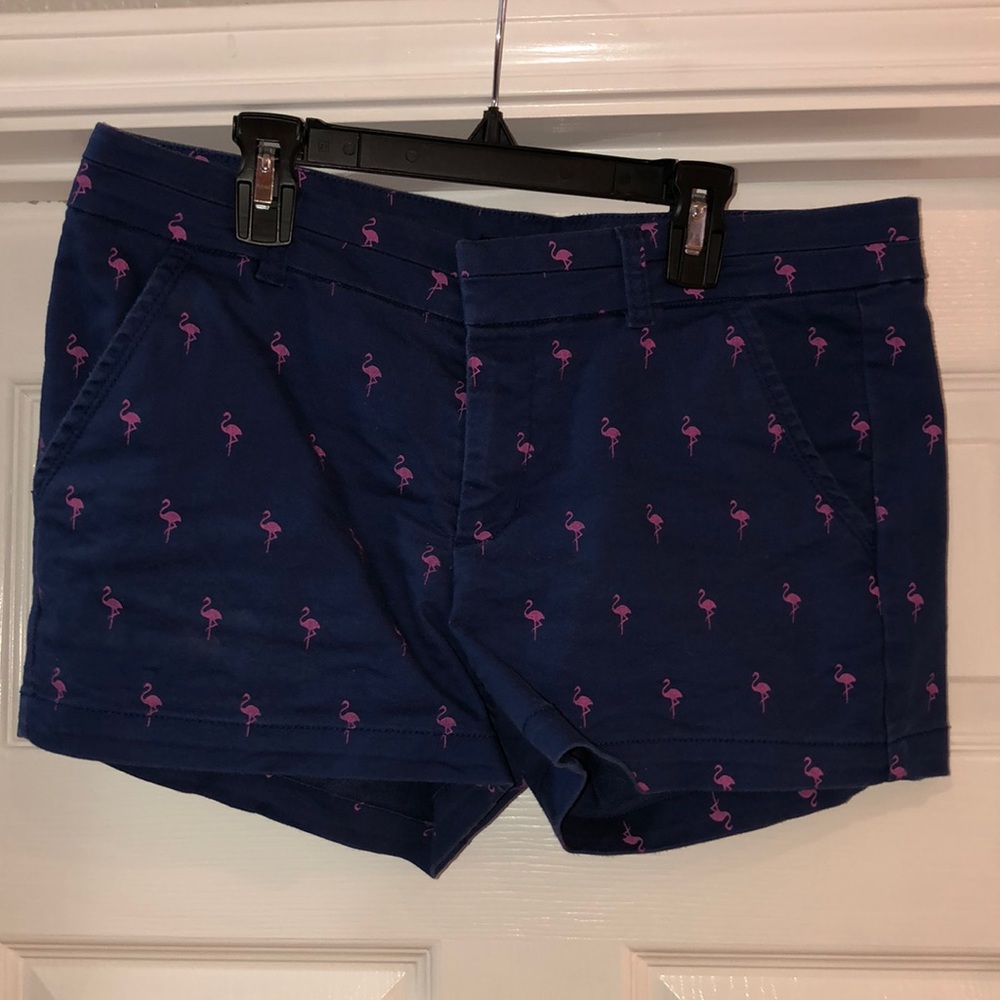 Navy blue shorts with pink flamingos